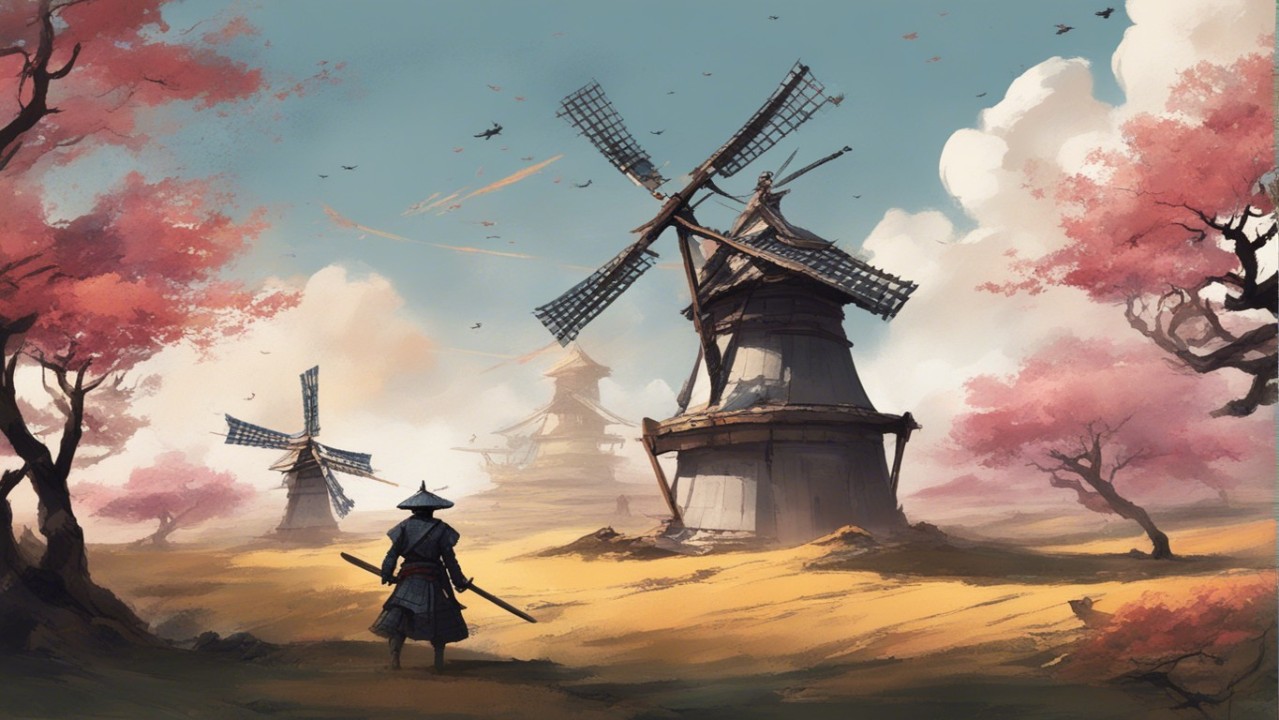 Image of a samurai holding swords in a field, looking out at a Japanese interpretation of a windmill, Artwork courtesy Stable Diffusion