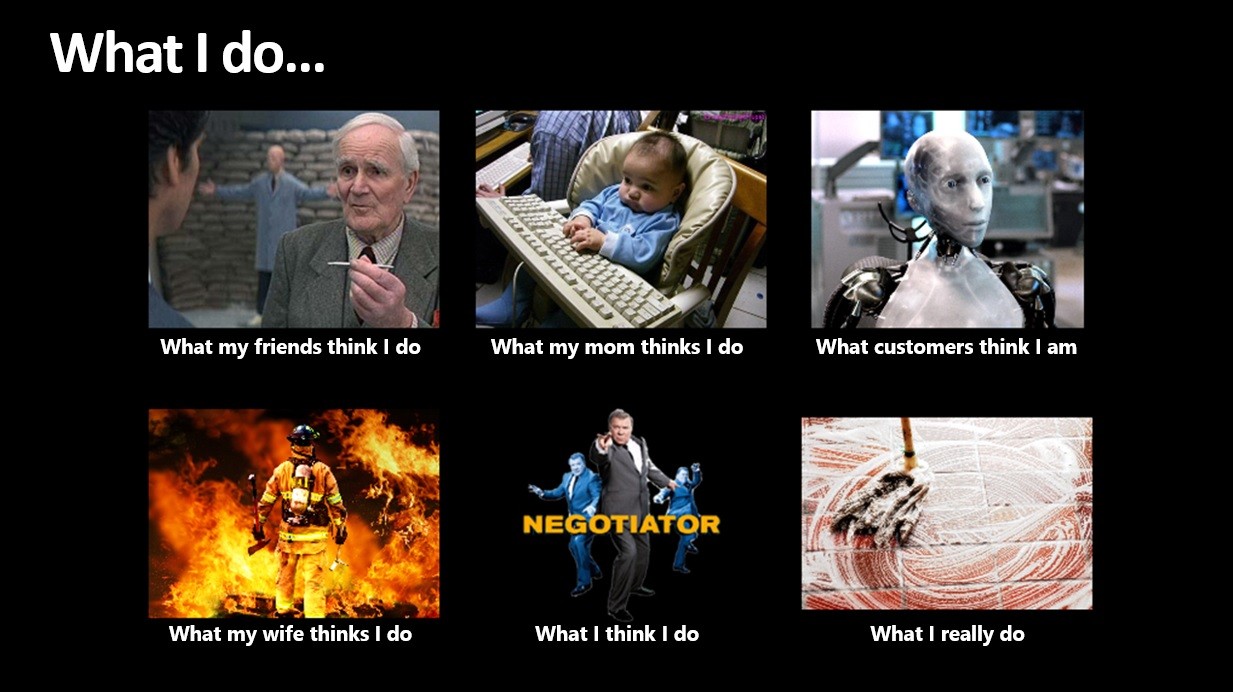 An often-shared slides describing "what I do"​ at Microsoft, with various photos that describe what various people think of my role.